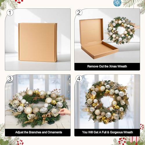 Garveehome 24 In Christmas Wreath With Lights for Front Door, Pre-Lit Christmas Wreath, Battery Operated, Lighted Xmas Door Wreath with Ball Ornaments for Christmas Door Fireplace Decor, Gold & Silver