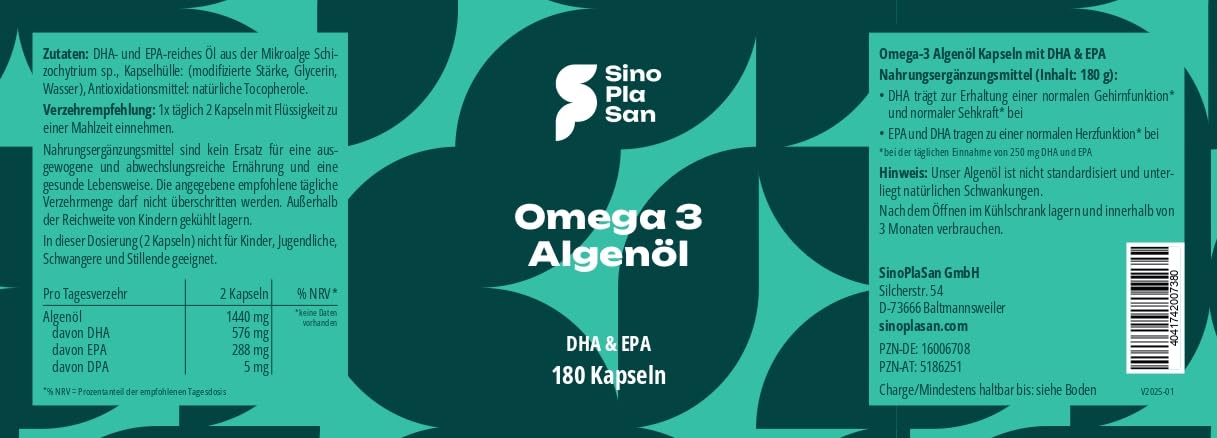 SINOPLASAN Omega 3 Vegan - 180 Kapseln - 576mg DHA & 288mg EPA