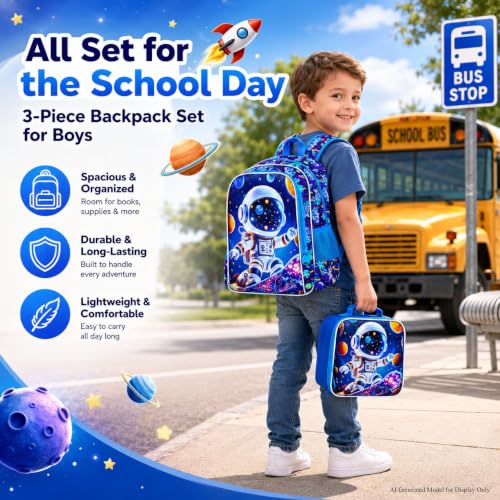 Image of 16 inch Space Boy Backpack, 3Pcs Astronaut Bookbag for Elementary Preschool Kindergarten, Kids School Backpacks with Lunch Box (Blue)