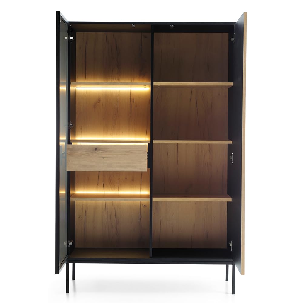 Lomadox Wohnzimmer Esszimmer Anrichte Highboard mit Beleuchtung in schwarz mit Wotan Eiche