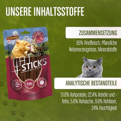 DeliBest Cat Sticks aus 85% Schweizer Rindfleisch I Katzen Leckerlies getreidefrei I halbfeuchte Leckerlies in Stickform I Katzensnack ohne künstliche Zusatzstoffe I Allergiker geeignet I 50g