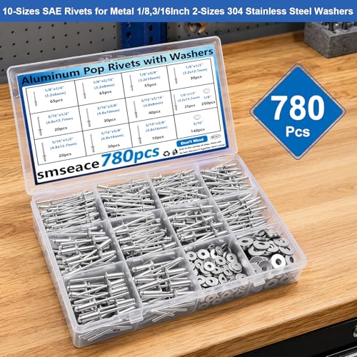 Image of smseace 780Pcs Pop Rivets with Washers Assortment Kit-10-Sizes SAE Rivets for Metal 1 /8,3 /16Inch 2-Sizes 304 Stainless Steel Washers for Metal, Furniture, Automotive, Instruments