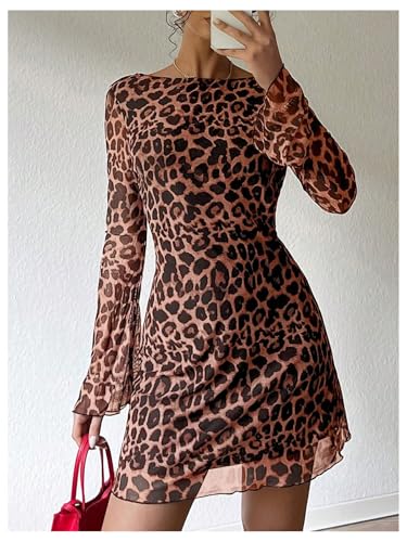 Image of MakeMeChic Women's Cheetah Print Mini Dress Y2k Bell Sleeve Leopard Print Dress Going Out Outfits