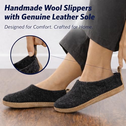 Image of Wool Felt Mule Slippers for Women & Men, Handmade 100% Natural Wool Backless House Shoes with Premium Suede Sole, Warm Breathable Indoor Slip-On