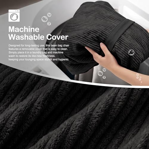 Image of 4FT Bean Bag Chair 4'Big Bean Bag Chairs with Adults, Large Beanbag Chair | Bean bag Lounger with Machine Washable Cover Corduroy Fabric, Comfy Chairs for Living Room Bedroom Dorm, Black