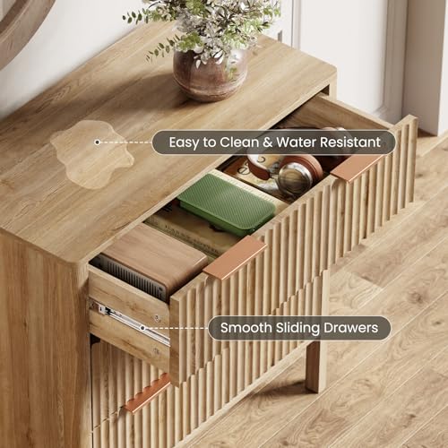 Image of 32 inch Wide Fluted 3 Drawer Dresser for Bedroom, Wooden Dresser Modern Chest of Drawers End Table Dressers with Organizer Storage for Bedroom, Living Room, Entryway, Oak