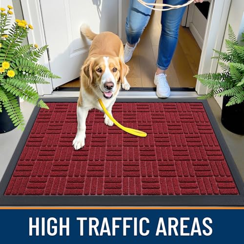 Image of OLANLY Front Door Mat Outside Entrance 47x23, Absorbent, Heavy Duty Sturdy Natural Rubber Doormat Indoor Outdoor, Non-Slip, Stain and Fade Resistant, Low Profile Floor Mat for Entryway, Black Red