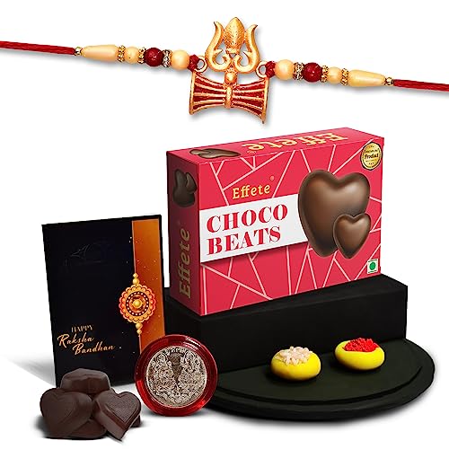 Image of DeoDap Multicolor Trishul Roli Chawal Rakhi Rakhi with Chocolate Beats 32gm, Silver Pooja Coin, Tilak Set, Greeting Card - Rakhi Gift for Brother