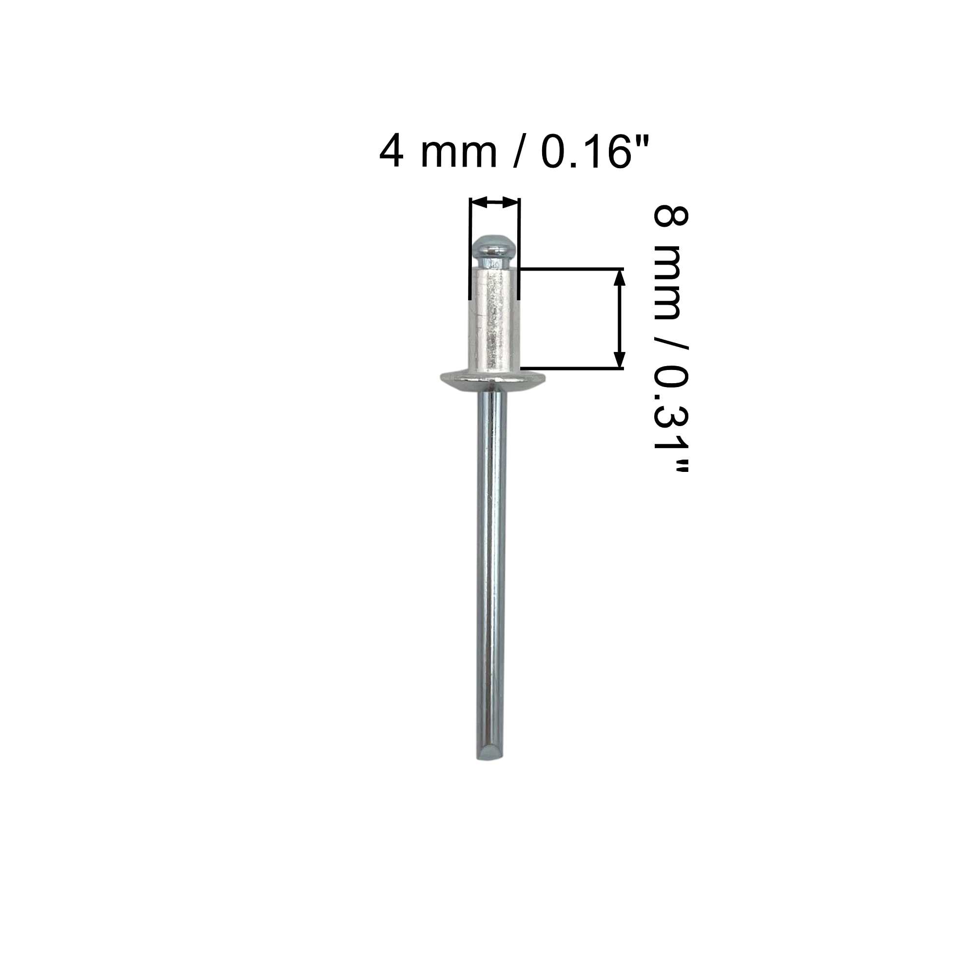 Confezione da 100 rivetti ciechi 4,0 x 8 mm, testa a cupola aperta, DIN 7337, rivetti in alluminio e mandrino in acciaio, rivetti pop (100, 4,0 x 8 mm