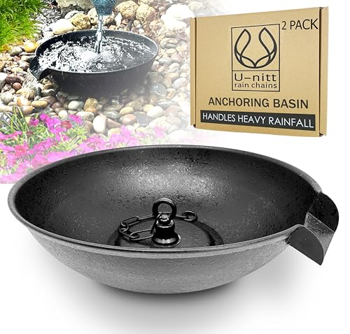 U-nitt 2PK 12 Spill Bowl Downspout Catch Basin for Rain Chain Anchoring Stake | Rainwater Collection for Roof |Gutter Catch Basin | Good for Water Fountain & Birdbath | Black | Handles Heavy Rain