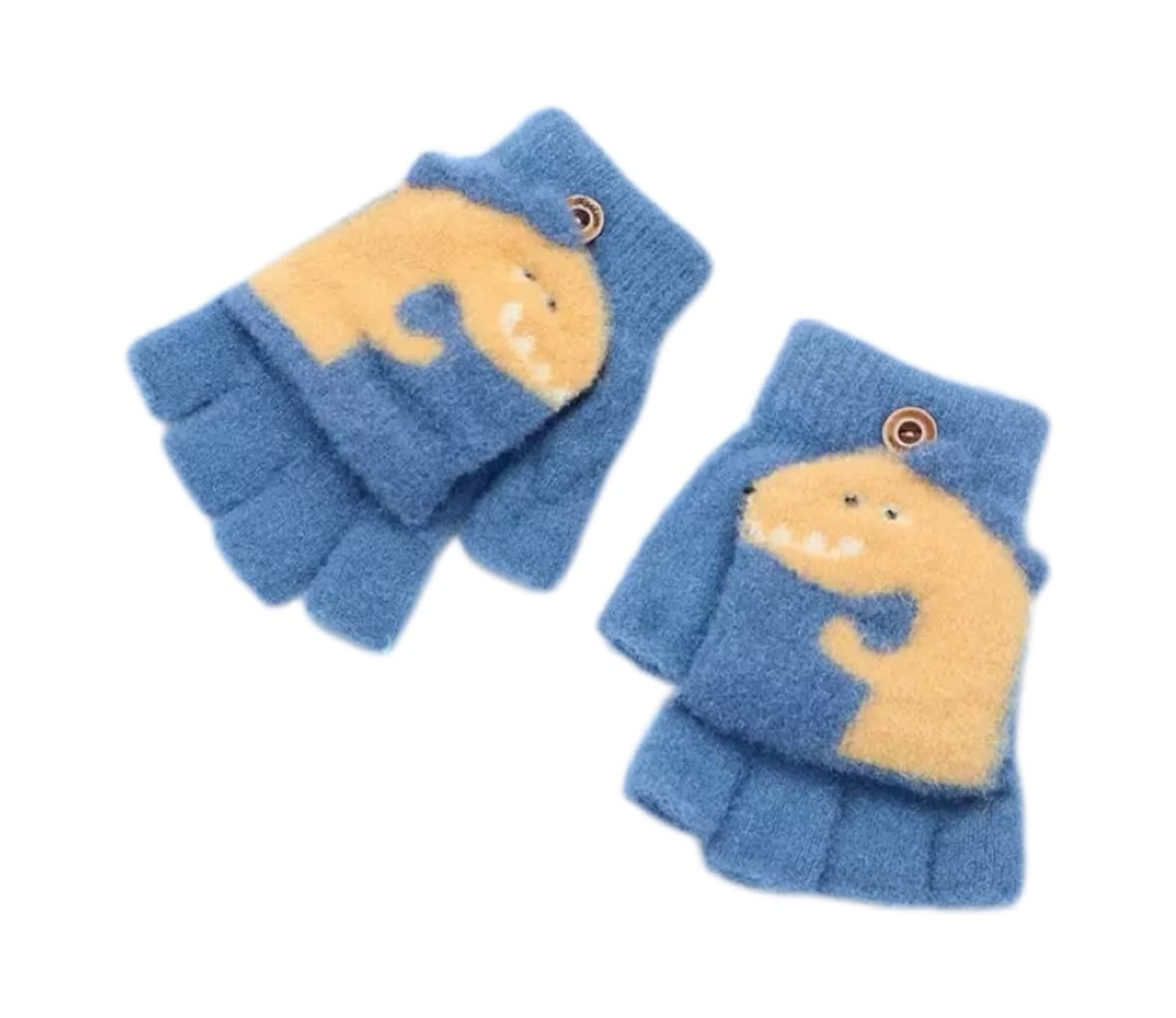 X Trade Boys Dinosaur Fingerless Flap Cover Gloves Rabbit Winter Knit Warm Mittens Soft Lined Fleece Thermal Outdoor Half Finger Gloves With Cover Convertible Flip Top For Kids Girls (Dinosaur)