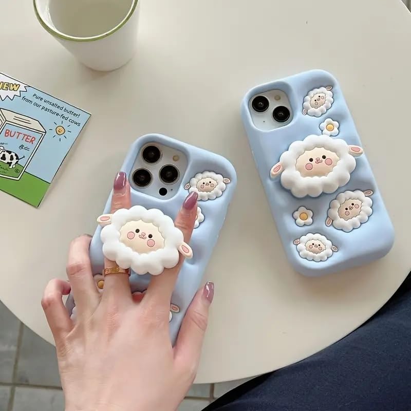 Image of COVERLY for iPhone 14 Plus 3D Cartoon Sheep Flock Case,Full Protective Funda Cotton Candy Cloud Pop Back Case with Holder Cute Soft Silicone Fashion Aesthetic Cover for Apple iPhone 14 Plus