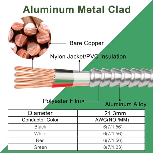 Image of 50ft 6 /3 Metal Clad (MC) Cable with Ground, 6 Gauge Electric Wire with Aluminum Armor, Solid Bare Copper Conductors for Indoor Outdoor Underground Embedded Installation (6 /3, 50 ft)