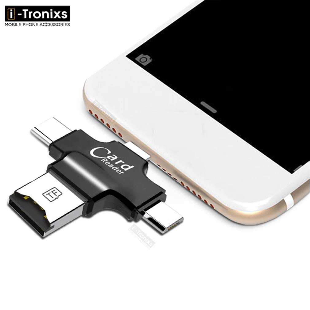 (Black) 4 in 1 Mini Card Reader For Vertex Impress Cube Multi Functional Micro SD Card Adapter External Storage Memory with Type C, Micro USB, USB 3.0, Li Connector for iPhone//Android/Mac/PC