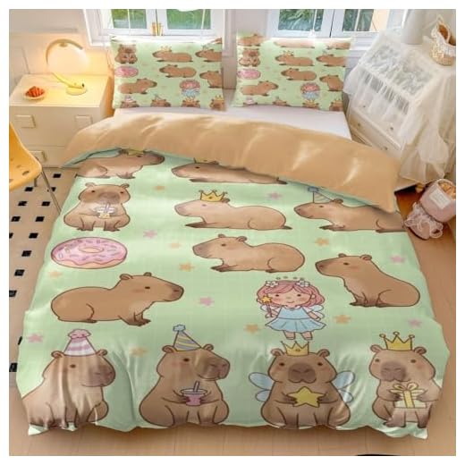 Funda de edredón capibara capibara, bonito juego de ropa de cama con estampado de animales de dibujos animados, funda de edredón estilo kawaii, juego de ropa de cama morado suave para decoración de