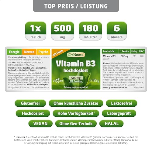 Vitamin B3 (mit Flush!), extra hochdosiert, 500mg - 180 Tabletten, vegan. Niacin - für Energiehaushalt, Balance & Vitalität. OHNE künstliche Zusätze - laborgeprüft. Von Greenfood.