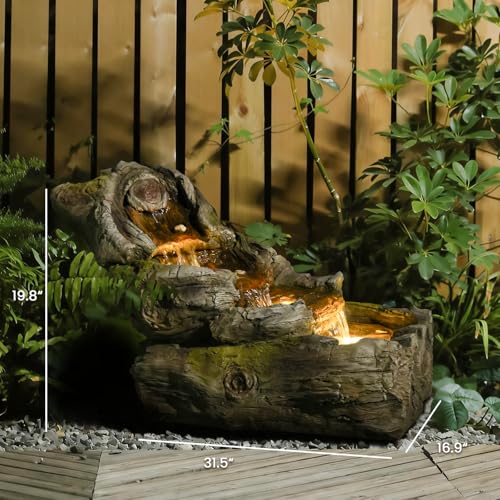 Image of Sunlinua 31.5 inch L Outdoor Water Fountain with 3 Tiers Cascading Realistic Tree Trunk Waterfall Fountains with LED Lights Outdoor Water Fountain for Garden Patio Backyard Porch Home Decor