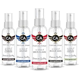 CA Perfume Best Fall Men Set Impression of (Eros Flame + Bvl. Man + Legend + Fire In Height + Tuscan Leather) Fragrance Sample Travel Size Parfum Sprayer (2 Fl Oz/60 ml) x 5