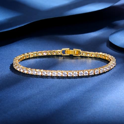 Gemsme 4 Prong Tennis Bracelet, 18K White/Yellow Gold Plated 3mm Round Cubic Zirconia Bracelet for Women Size 6-8.5 Inch2