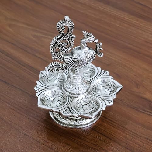 Image of Traditional Silver-Plated Peacock Pooja Thali, 5-Compartment Diya Stand with Ornate Design