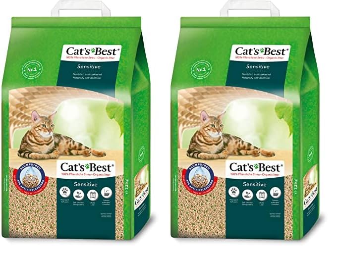 Cat's Best Sensitive, 100% pflanzliche Katzenstreu, fest klumpend und antibakteriell aus veredelten Aktiv-Holzfasern – speziell für empfindliche Katzen, 7,2 kg/20 l (Packung mit 2)