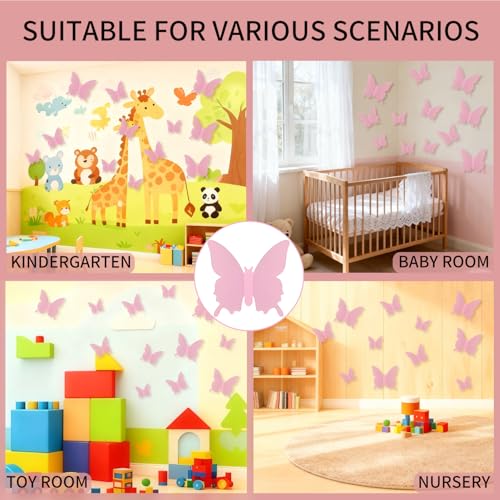 Miniatura 4 de Pack De 24 Pegatinas De Pared Mariposa Rosa, 3 Tamaños, Decoración De Pared Bonita Para Dormitorio De Bebé, Decoración De Habitación Rosa Para Niñas