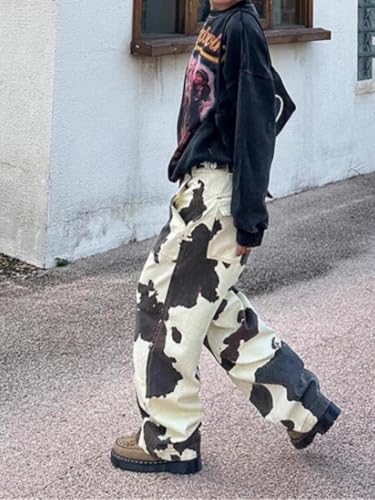 heyheyshine Cow Print Pants for Men Women Casual Wide Leg Denim Y2K Jogger Pants Streetwear Baggy Trouser with Pockets4