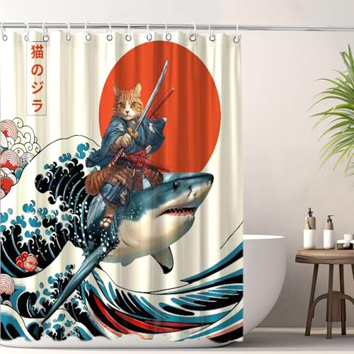 Image of Funny Japanese Cat Shower Curtain, Cat Riding Shark Japan Anime Ocean Wave Waterproof Shower Curtain with Hooks, Funky Animal Sun Fabric Shower Curtains Kids Bathroom Decor 72X72inches