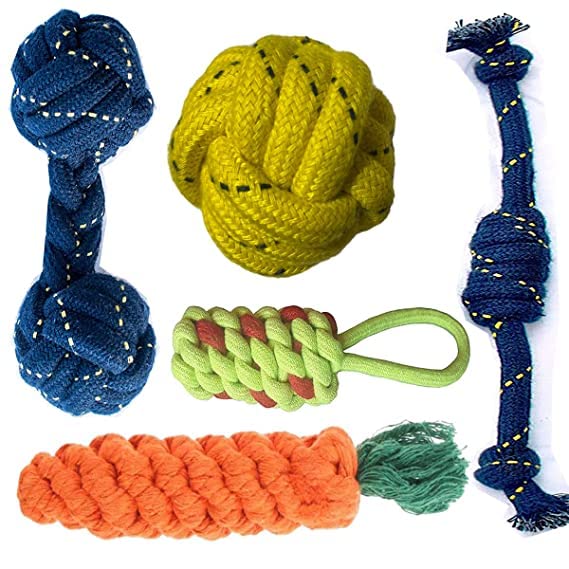 Smart Pups Non Toxic Cotton Rope Toys Rope doumble Rope Ball Carrot Toffee Dummy Teething Toys for Dogs Fetching (Pack of 5)