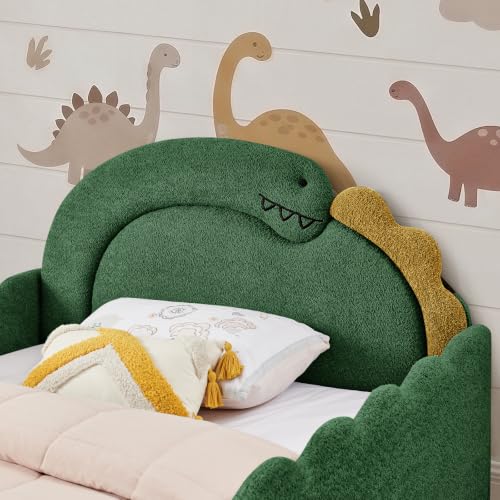 Image of Full Size Kids Bed with Dinosaur Headboard, Upholstered Boucle Fabric Twin Daybed with Slats Support & Side Pocket, Space-Saving Wooden Corner Sofa Couch Day Bed Frame for Girl, Boy, Teenager(Green)