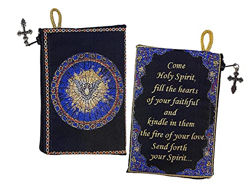 Come Holy Spirit Tapestry Rosary Pouch Keepsake Holder Case Prayer Black Blue Gold 5 1 2 Inch, With Prayer on The Back Side