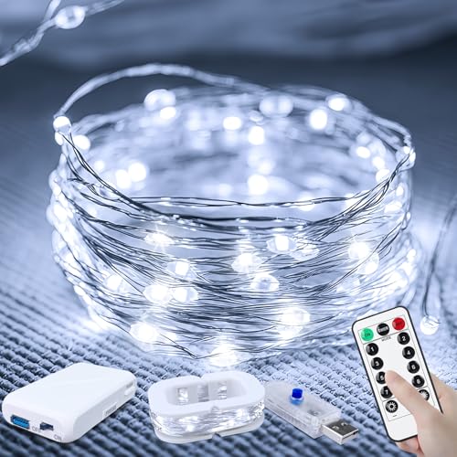 50LED Fairy Lights USB & Battery Powered, 16FT White Fairy String Lights with 8 Modes & Timer...