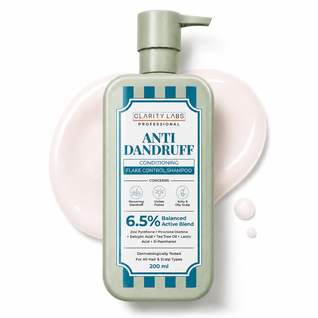 Anti Dandruff Shampoo with 6.5% Balanced Active Blend | 2% Zinc Pyrithione, Piroctone Olamine, Tea Tree Oil, Salicylic Acid, Argan Oil & Neem | Dandruff Control, Itchy Scalp & Flake Removal Shampoo for Men, Women, Boys, Girls & Teens | Sulphate Free | 200ml | Clarity Labs-image-9