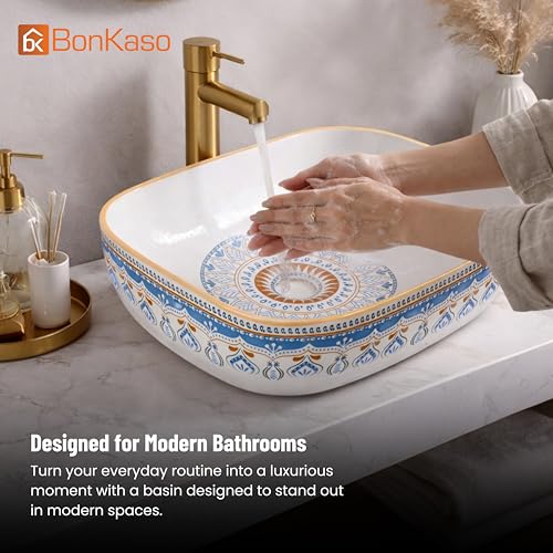 Image of Bonkaso Moroccan Designer Table Top Wash Basin | 45 x 32.5 x 13.5 cm Countertop Ceramic Bathroom Sink | Polished Modern Big Vanity Wash Basin for Bathroom & Living Room (Blue Pattern)