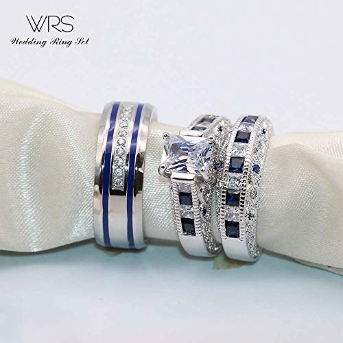 wedding ring set Two Rings His Hers Couples Matching Rings Women's 2pc White Gold Filled CZ Wedding Engagement Ring Bridal Sets Men's Stainless Steel Wedding Band3