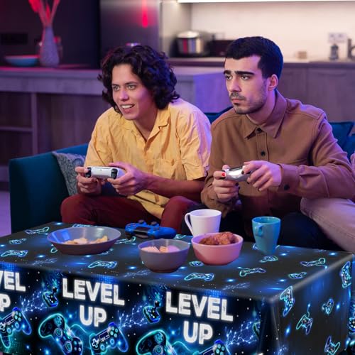 Image of 2Pcs Video Game Tablecloth,Video Game Birthday Party Supplies Neon Gaming Plastic Table Cover Game Level Up Table Decorations for Boys Girls Game Party