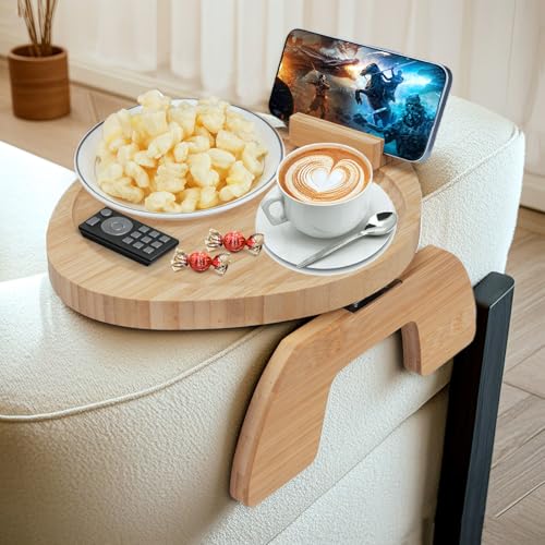 Sofa Arm Tray, Bamboo Couch Arm Tray with Anti-Slip Foldable Clip, Arm Rest Table for Couch with 360° Rotatable Phone Holder for Snacks, Drinks, Coffee, Cellphone, TV Remote