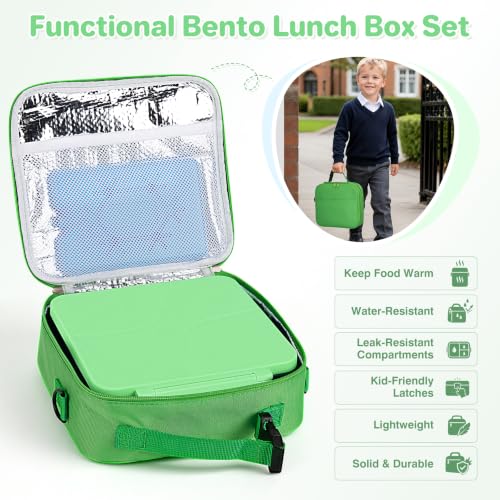 Image of Bento Lunch Box with 8oz Soup Thermo,Kids Leakproof 4 Compartment Lunch Food Containers with Sauce Cup and Ice Pack,Kids Thermo Insulated Hot Food Jar and Lunch Bag for School,Trvael-Green