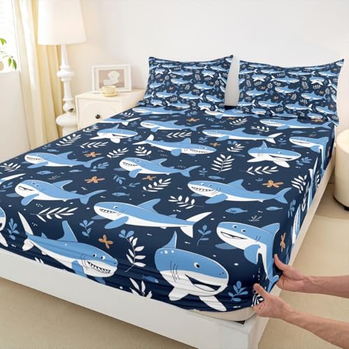 Image of jejeloiu Shark Bed Sheets Set Queen Size Ocean Decor Deep Pocket Fitted Sheet Sea Animal Bedding Sets Marine Life Soft Bed Set 4Pcs with 2 Pillow Cases