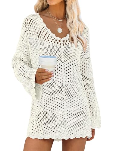 ANRABESS Swimsuit Cover Up for Women Crochet Bathing Suit 2026 Summer Swimwear V Neck Mesh Knit Beach Dress Vacation Outfits Medium Cream White