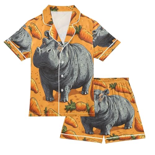 Satin Pajama Sets Short Sleeve Hippo Among Many Carrots Button Down Silky Nightwear 2 Piece PJS 5-14Y