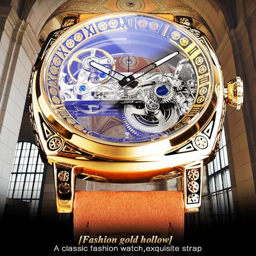 Image of FORSINING Men's Luxury Square Carving Mechanical Watch, Retro Totem Double Sided Hollow Skeleton Self-Wind Automatic Watches, Vintage Leather Strap Wristwatch Reloj para Hombre