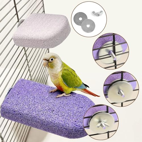 Image of Pet Teeth Grinding Stone and Perch, Bird Perch Stands, Natural Chewing Toys for Small Medium Birds Budgies Conures Cockatiels Rats, Purple and Pink