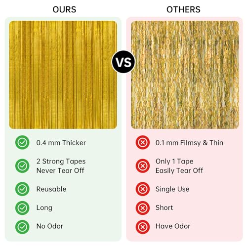 Image of 2 Pack 3.3 x 8.2 ft Tinsel Foil Fringe Curtain Backdrop, Upgraded Gold Glitter Metallic Streamers Backdrop Curtains for Birthday Decorations Bachelorette Prom Graduation Party Decorations