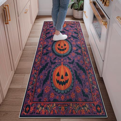 Kürbis-Läufer, Halloween, festliche Fledermaus-Blume, Halloween, violett, niedriger Flor, ästhetisch, rechteckig, für Küche, Eingangsbereich, Nachttisch, Tür, Flur, Dekoration, 6 x 180 cm Kürbis-Läufer, Halloween, festliche Fledermaus-Blume, Halloween, violett, niedriger Flor, ästhetisch, rechteckig, für Küche, Eingangsbereich, Nachttisch, Tür, Flur, Dekoration, 6 x 180 cm