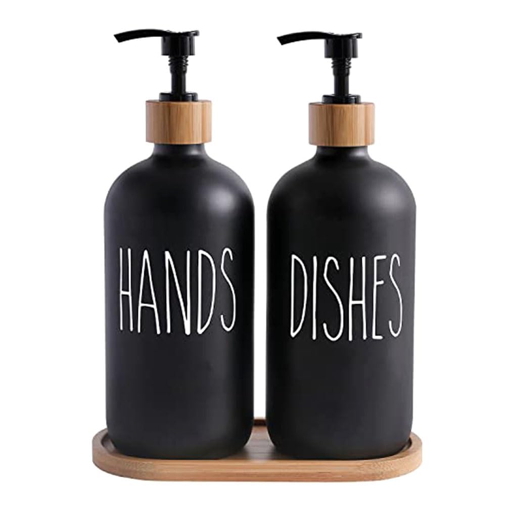 CTRLZS Glass Soap Dispenser Set, Contains Glass Hand Soap Dispenser and Glass Dish Soap Dispenser. Matte Black Soap Dispenser Easy to Use 21.3 X 7.4cm, 500ml