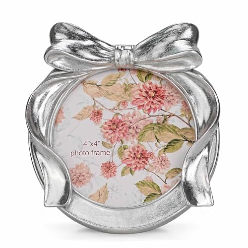 Desklens 4x4 Inch Round Sliver Picture Frame, Vintage Photo Frame with Bow