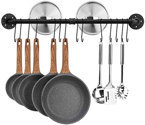Toplife 31.5 inch Pot Rack, Kitchen Wall Mounted Detachable Pan Lid Utensils Organizer Hanging Rail with 14 Hooks, Black