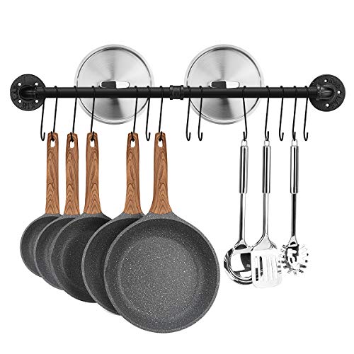 Toplife 80 cm/31.5 Inches Pot Rack, Kitchen Wall Mounted Detachable Pan Lid Utensils Organizer Hanging Rail with 14 Hooks, Black by Toplife - Used condition - CA$12.06