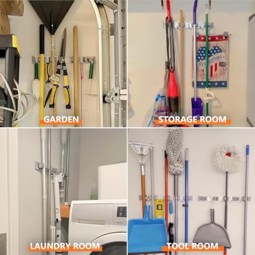 Image of reliahom Broom Holder Wall Mount Mop Hanger Tools organizer 5Racks 4Hooks | Adjustable Mop Broom Wall Hanging Heavy duty Tools Storage Rack Space-saving for Garage,Kitchen,Laundry Room,Garden, Silver